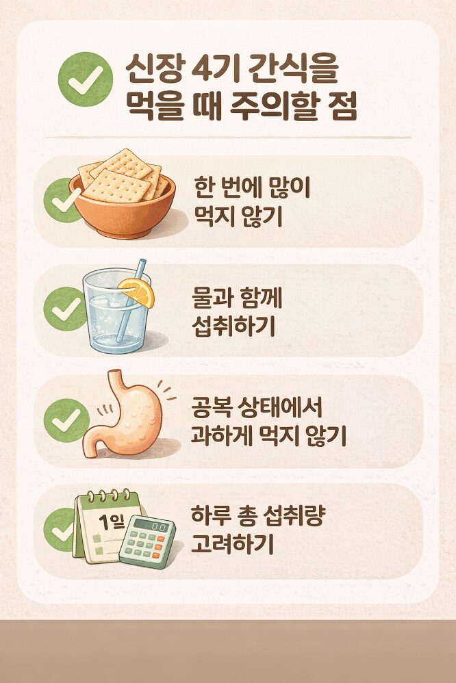 신장 4기 간식 섭취 방법을 설명하는 인포그래픽으로 한 번에 많이 먹지 않기, 물과 함께 섭취하기, 공복 과식 피하기, 하루 총 섭취량 조절하기를 안내합니다