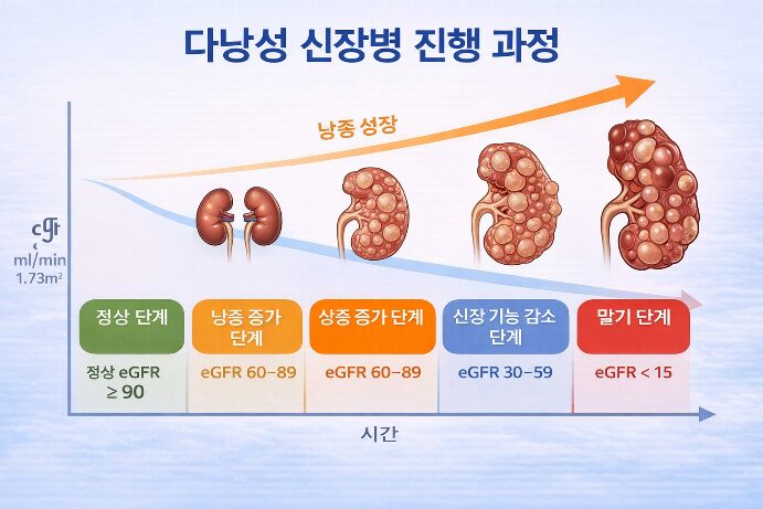 다낭성 신장병 진행 과정에서 낭종 성장과 신장 기능 저하를 단계별로 설명한 이미지