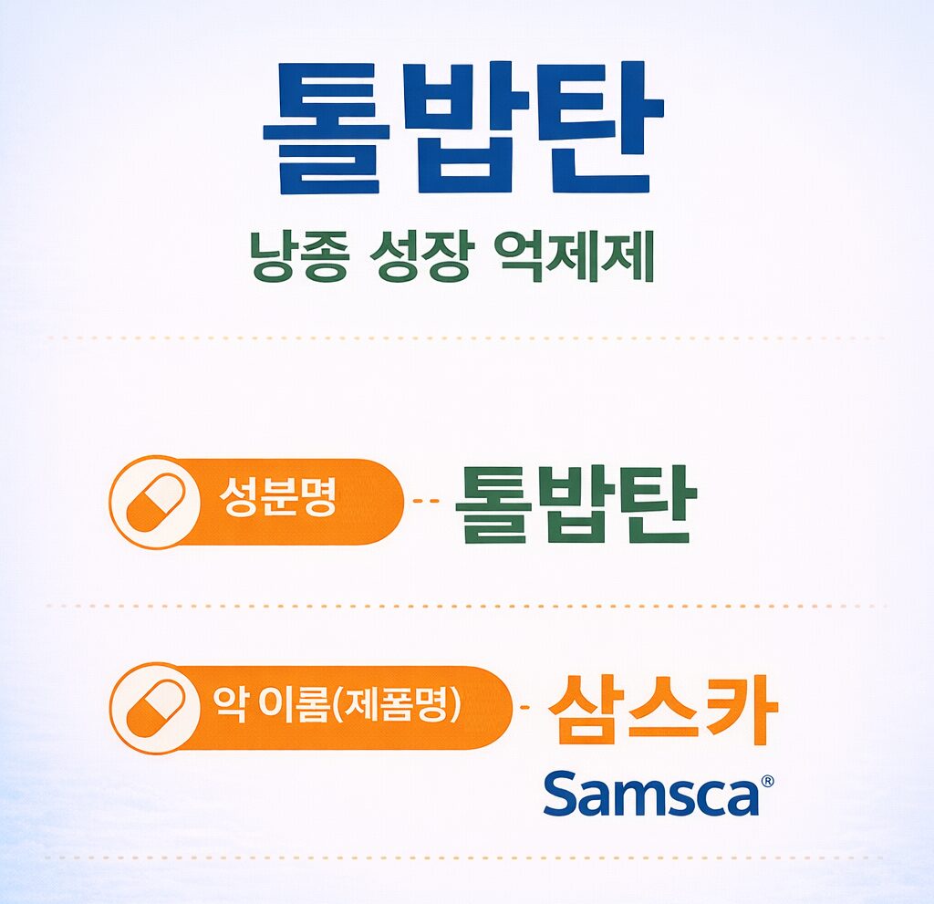 다낭성 신장병 4기 톨밥탄 성분명과 삼스카 제품명을 설명한 이미지