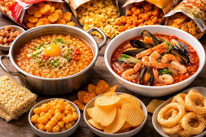 라면, 짬뽕, 스낵류처럼 염분이 많은 음식은 체내 수분을 증가시켜 붓기와 체중 증가를 악화시킬 수 있습니다.