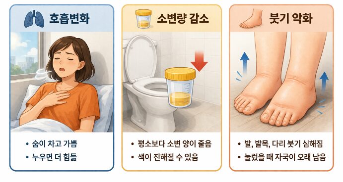 신장4기에서 나타나는 호흡 변화, 소변량 감소, 부종 악화를 보여주는 인포그래픽
