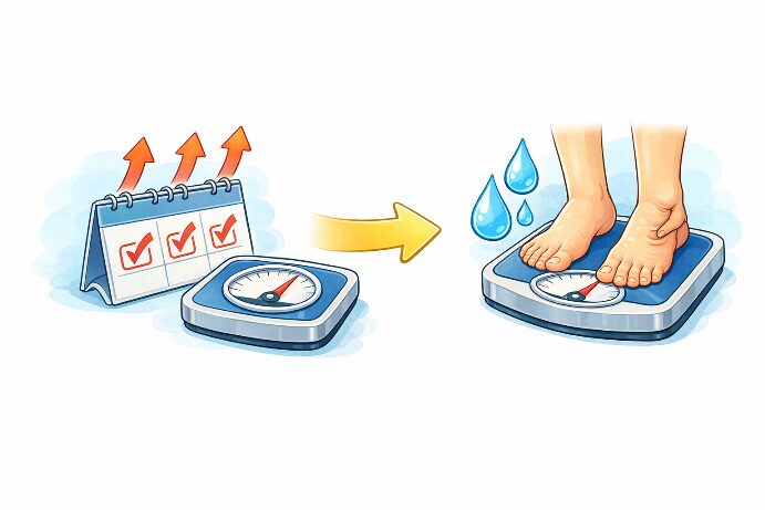 신장4기에서 2~3일 연속 체중 증가와 부종이 함께 나타나는 모습을 보여주는 인포그래픽