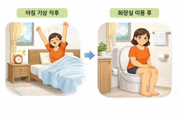신장4기 환자가 아침 기상 직후와 화장실 이용 후 체중을 측정하는 모습을 보여주는 인포그래픽