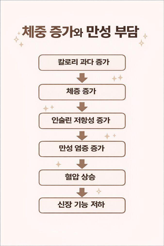 신장병 막걸리와 관련된 칼로리 과다 섭취가 체중 증가와 만성 염증을 통해 신장 기능 저하로 이어지는 과정