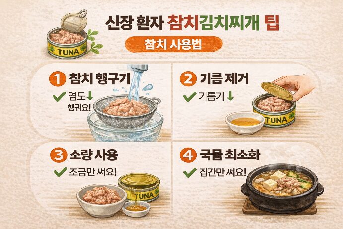 신장 환자 참치김치찌개 주의사항, 통조림 참치 헹구기 기름 제거 소량 사용 국물 최소화 인포그래픽