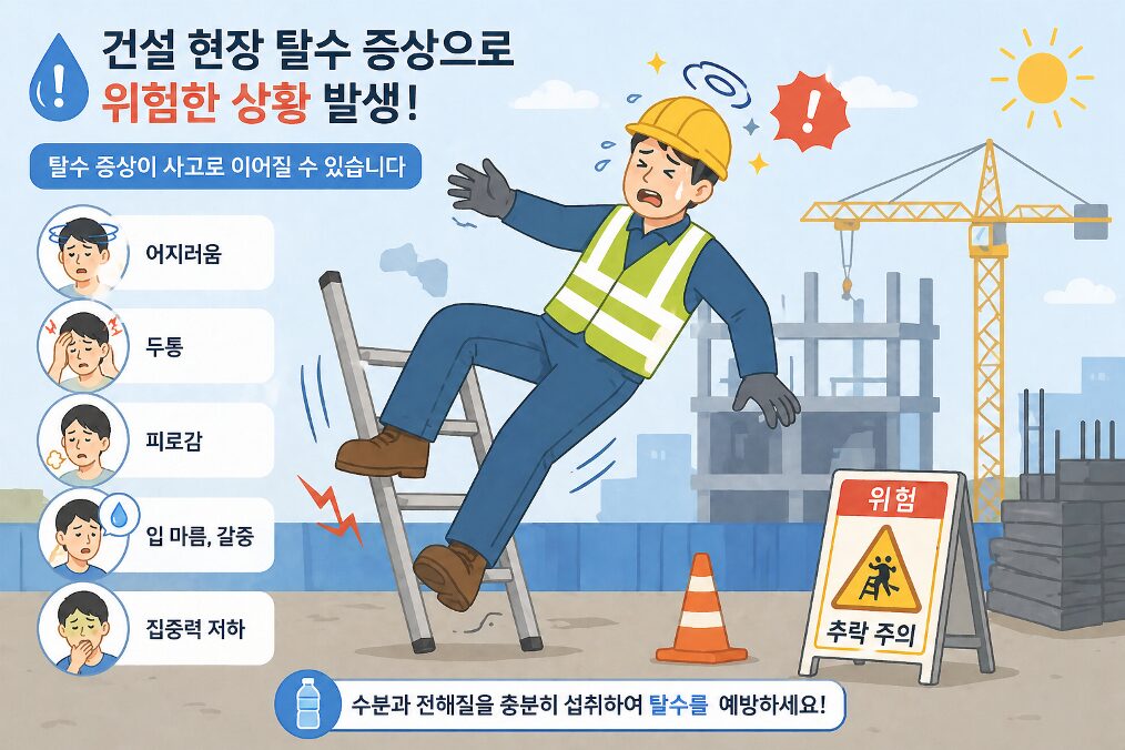 건설 현장에서 탈수 증상으로 어지러움을 느껴 사다리에서 떨어질 위험 상황을 표현