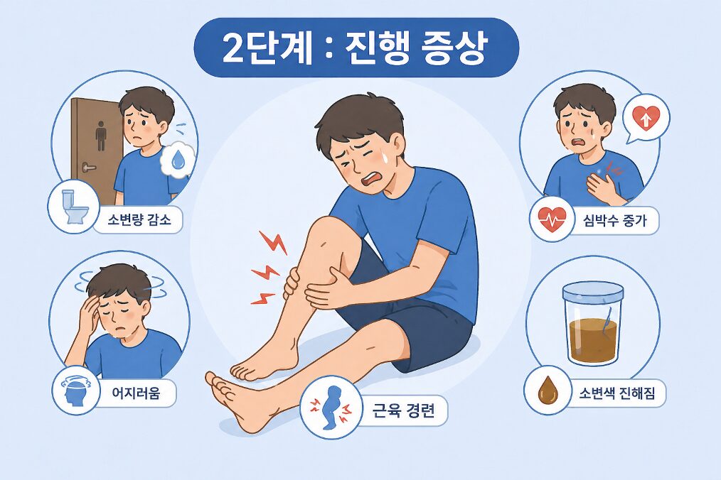 탈수 2단계 진행 증상으로 근육 경련, 어지러움, 소변량 감소, 심박수 증가, 소변색 진해짐