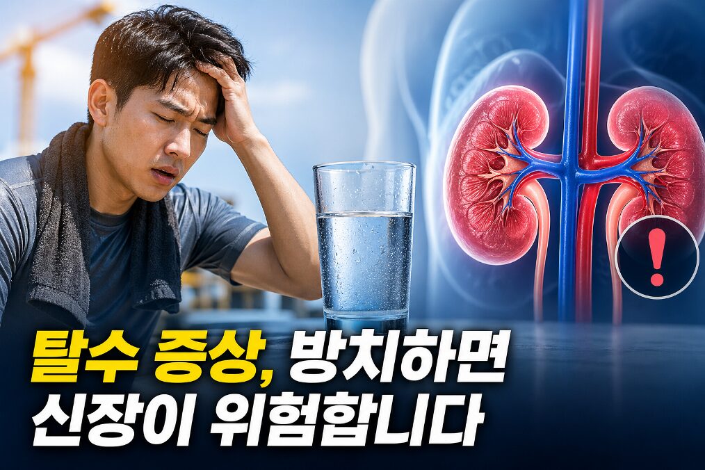 탈수 증상을 방치하면 신장에 위험이 생길 수 있음을 설명하는 이미지