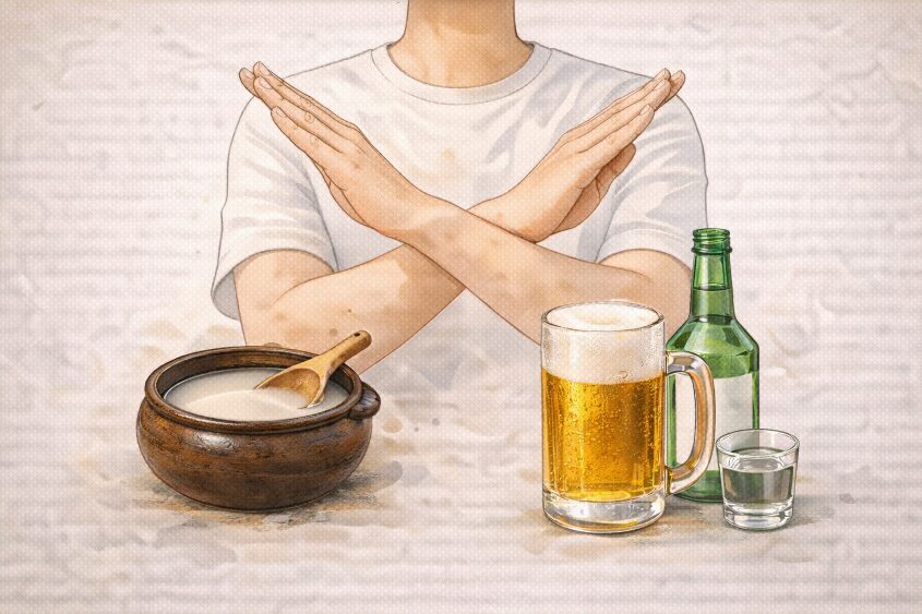 신장병 술 섭취를 피하는 상황으로 다양한 술을 거부하는 모습