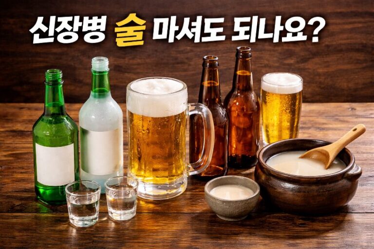 소주와 맥주, 막걸리 등 다양한 술이 놓인 모습으로 신장병 환자 술 섭취 주제를 설명하는 이미지