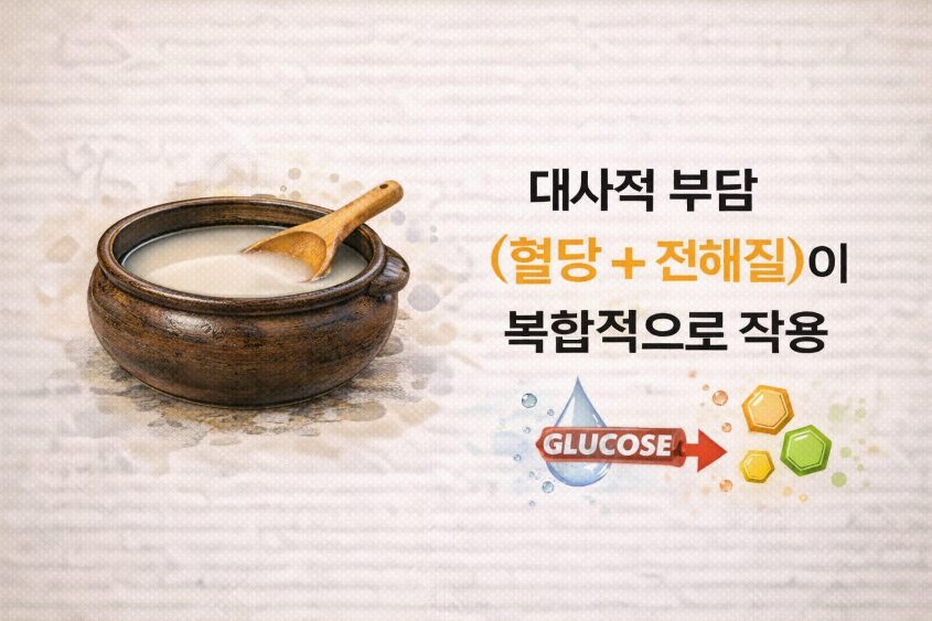 신장병 술 중 막걸리가 혈당과 전해질로 인한 대사적 부담을 복합적으로 주는 것을 설명하는 이미지