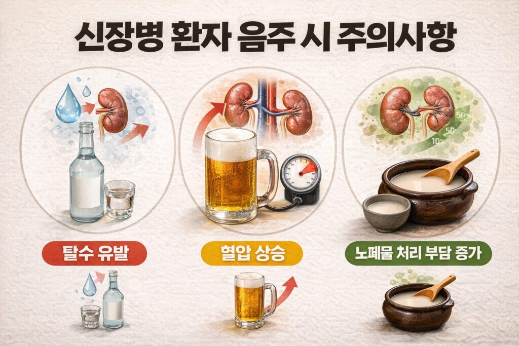 신장병 술 영향 인포그래픽으로 탈수 유발, 혈압 상승, 노폐물 처리 부담 증가를 설명하는 이미지