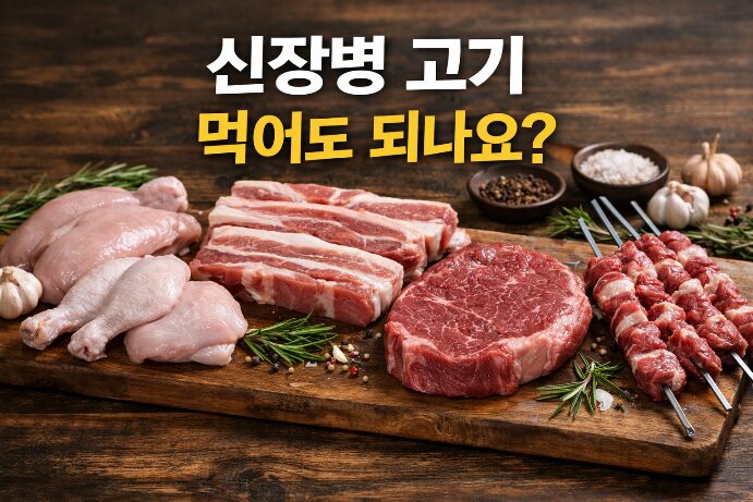 신장질환 고기 섭취 기준을 설명하기 위한 닭고기, 삼겹살, 스테이크, 양꼬치 생고기 비교 이미지