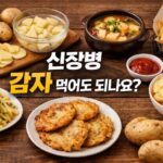 신장병 환자 감자 조리법별 음식 비교 이미지 (삶은 감자, 감자전, 감자튀김, 감자칩)