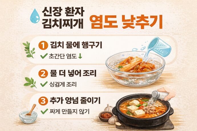 신장 환자 김치찌개 염도 낮추는 방법, 김치 물에 헹구기 물 더 넣기 양념 줄이기 인포그래픽