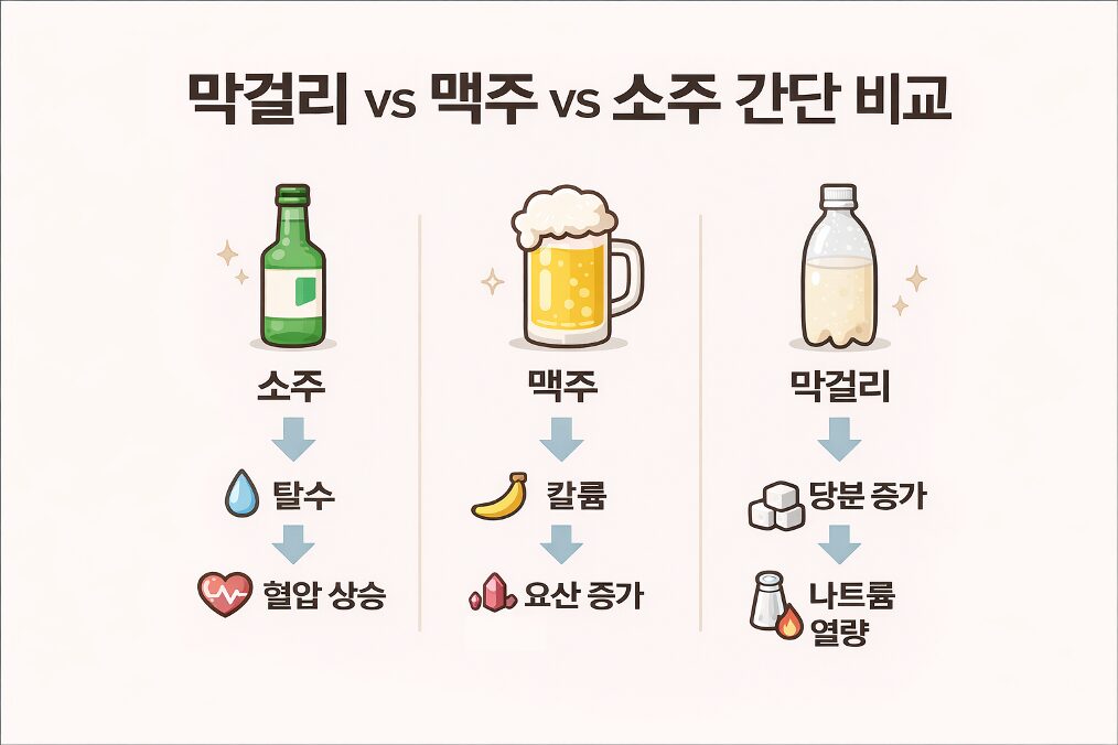 소주는 탈수와 혈압 상승, 맥주는 칼륨과 요산 증가, 막걸리는 당분과 나트륨 및 열량 증가를 비교한 인포그래픽