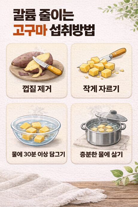 신장병 환자 고구마 칼륨 줄이는 방법 인포그래픽 (껍질 제거, 자르기, 물에 담그기, 삶기)