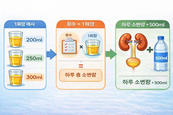 소변 횟수와 1회 소변량을 계산해 하루 소변량에 500ml를 더하는 수분 섭취 공식 인포그래픽