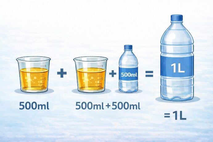 하루 소변량 500ml 기준으로 추가 수분 500ml를 더해 총 1L를 계산하는 수분 섭취 예시 이미지