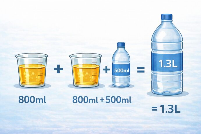 소변량 800ml에 물 500ml를 더해 하루 수분 섭취량 1.3L를 계산하는 인포그래픽