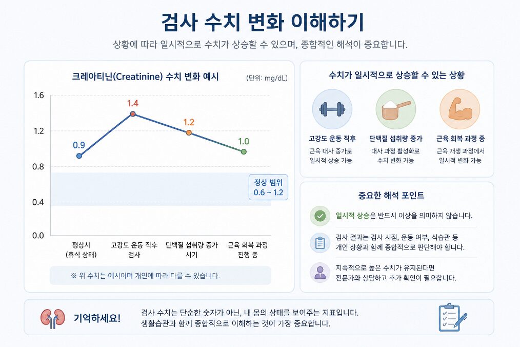 크레아티닌 수치 변화와 사구체 여과율 관계, 신장 기능 해석을 설명한 인포그래픽