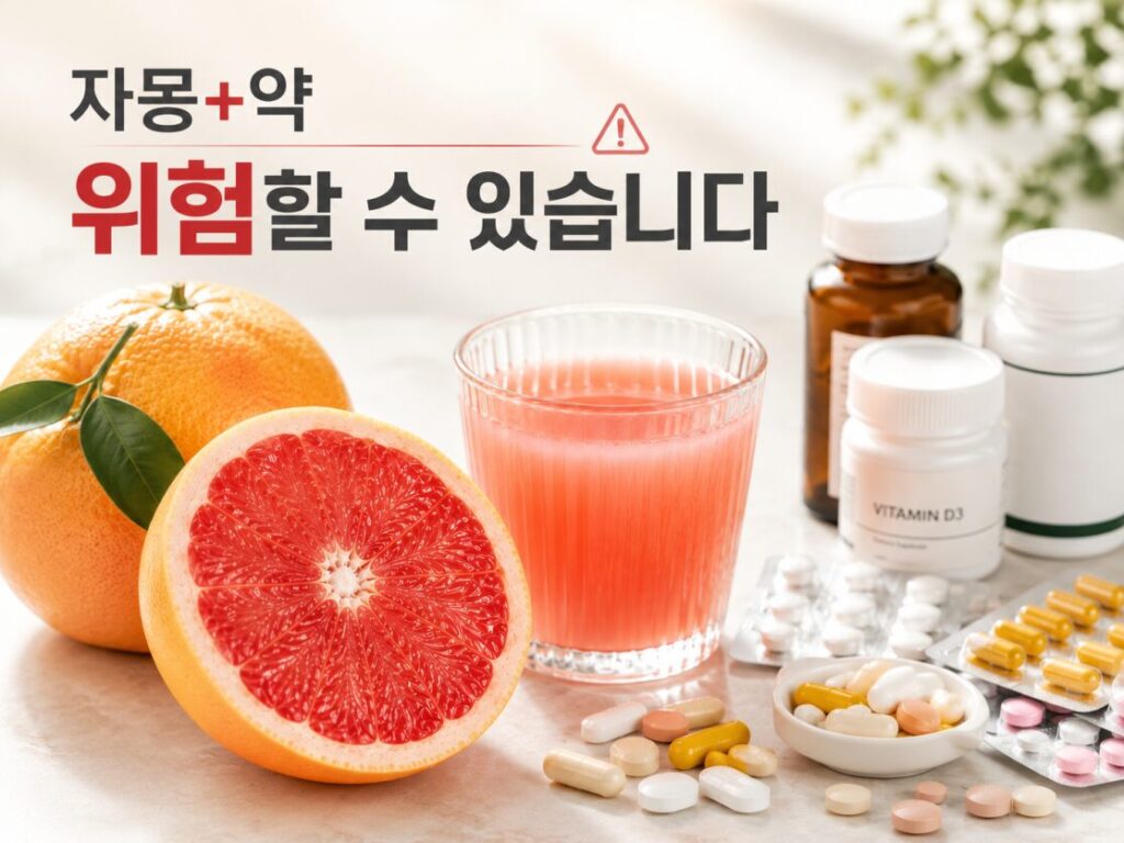 자몽 약물 상호작용 관련 이미지, 자몽주스와 여러 약물이 함께 놓여 있는 모습