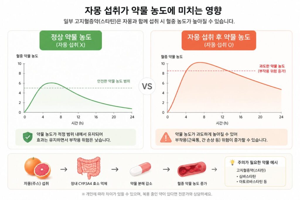 자몽 약물 상호작용 인포그래픽, 자몽 섭취 전후 약물 농도 변화를 비교한 그래프