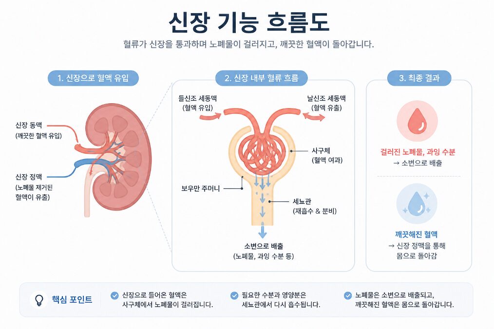 신장 혈류 감소와 여과 기능 변화 설명 이미지