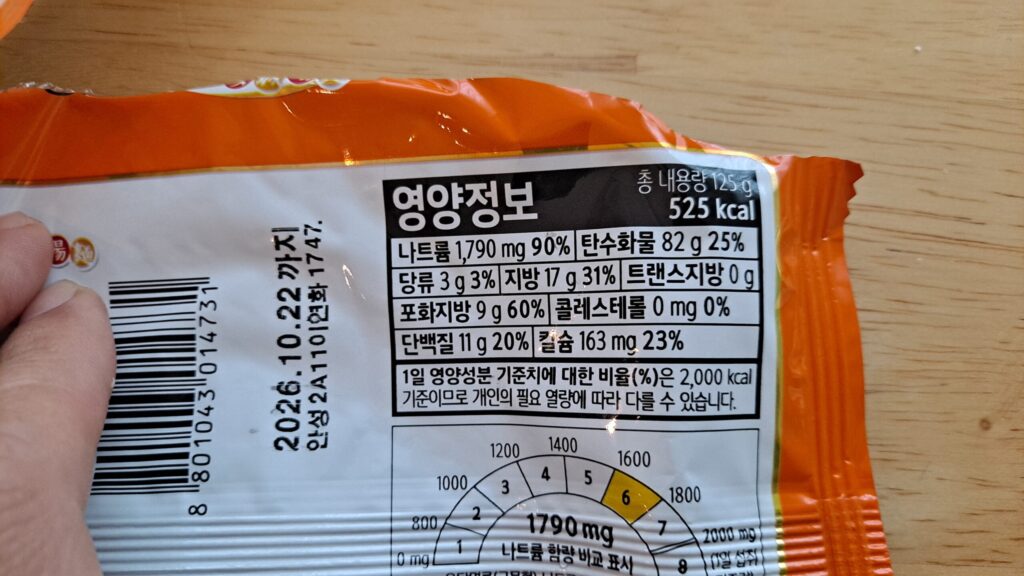 신장병 라면 안성탕면 영양정보 화면으로 나트륨 1790mg과 열량, 탄수화물, 단백질 함량을 보여주는 사진