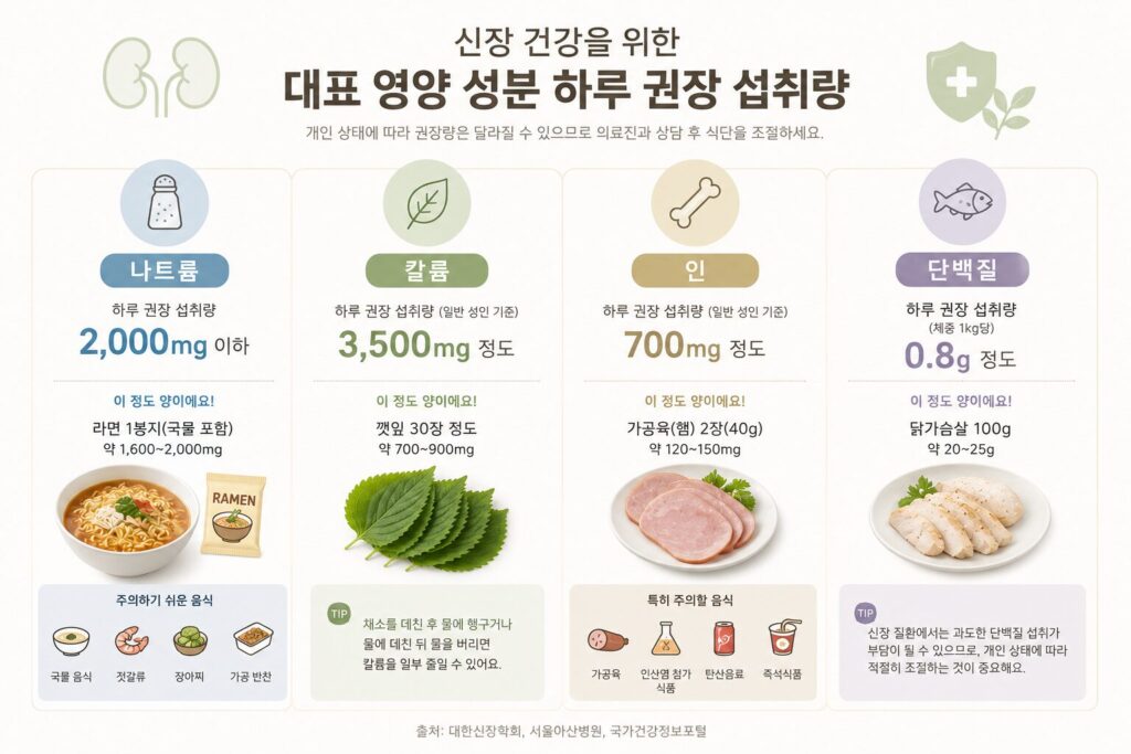 신장 건강 관리를 위한 나트륨 칼륨 인 단백질 하루 권장 섭취량 인포그래픽