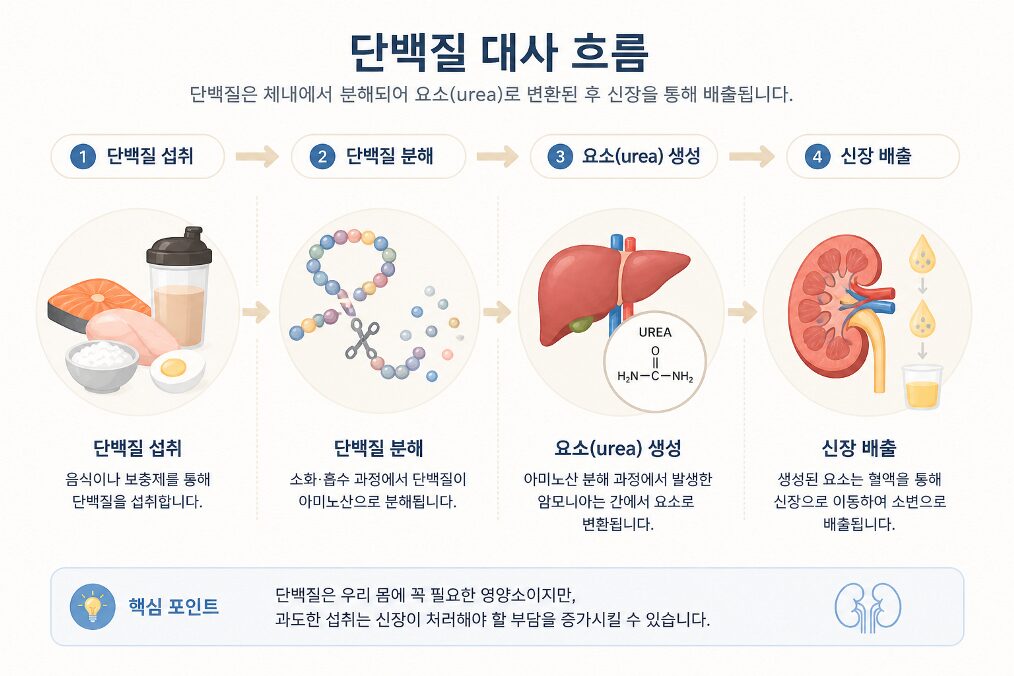 단백질 보충제 섭취후 대사 과정에서 생성된 요소가 신장을 통해 배출되는 흐름을 설명한 인포그래픽