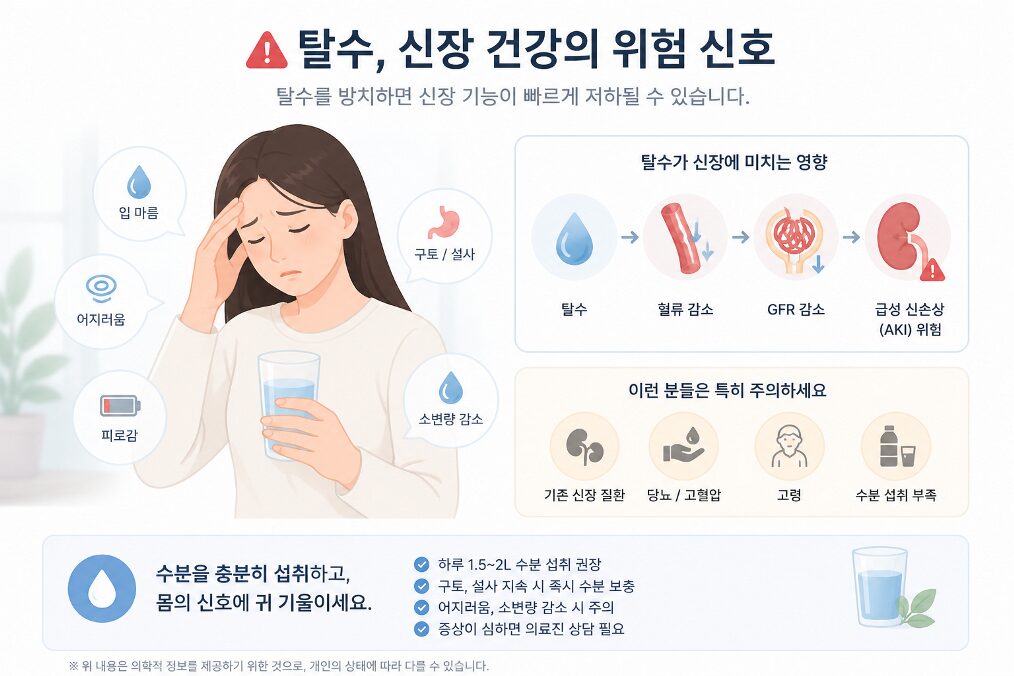 위고비 부작용 탈수로 인한 신장 영향과 위험 신호를 설명하는 의학 일러스트