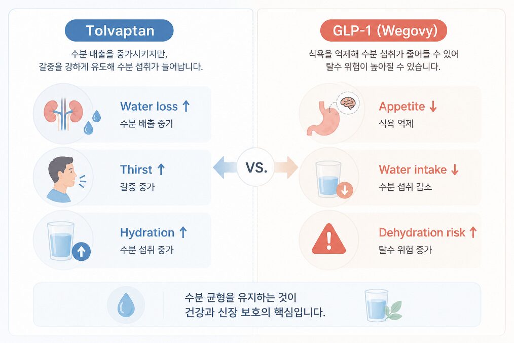 위고비 부작용으로 인한 탈수 위험과 톨밥탄의 수분 배출 및 갈증 유도 차이를 설명하는 비교 이미지