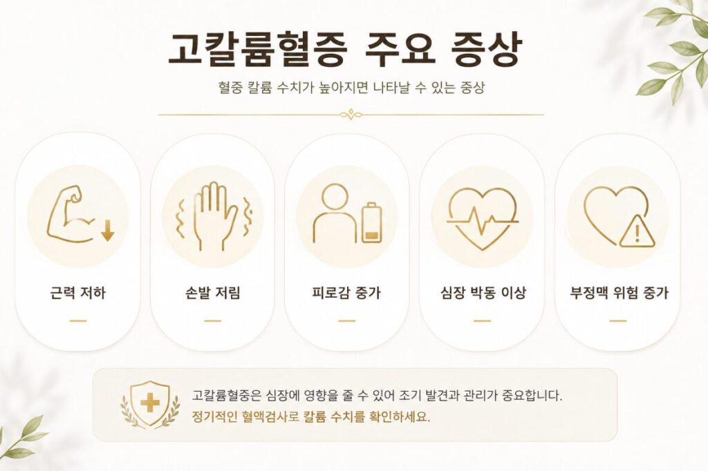 신장병 현미 섭취 시 주의해야 하는 고칼륨혈증 주요 증상을 설명하는 인포그래픽