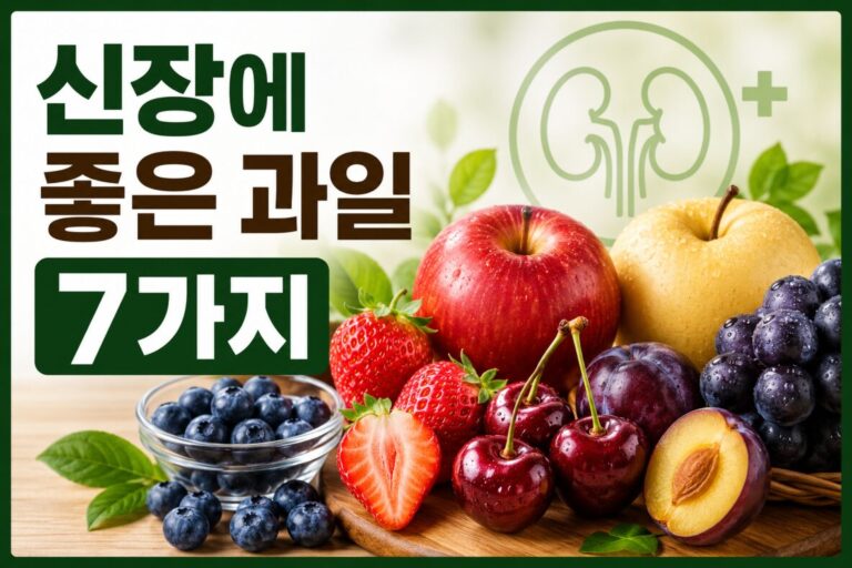 신장에 좋은 과일 7가지인 사과, 블루베리, 배, 딸기, 체리, 포도, 자두를 담은 이미지