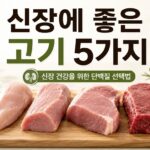 신장에 좋은 고기 5가지와 신장 건강에 도움이 되는 단백질 선택법을 설명하는 이미지