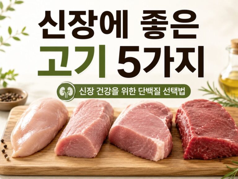 신장에 좋은 고기 5가지와 신장 건강에 도움이 되는 단백질 선택법을 설명하는 이미지