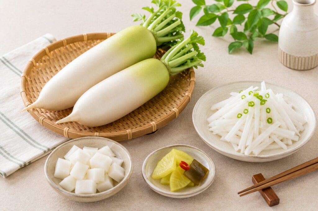 무는 이소티오시아네이트와 식이섬유를 함유한 대표적인 뿌리채소입니다.