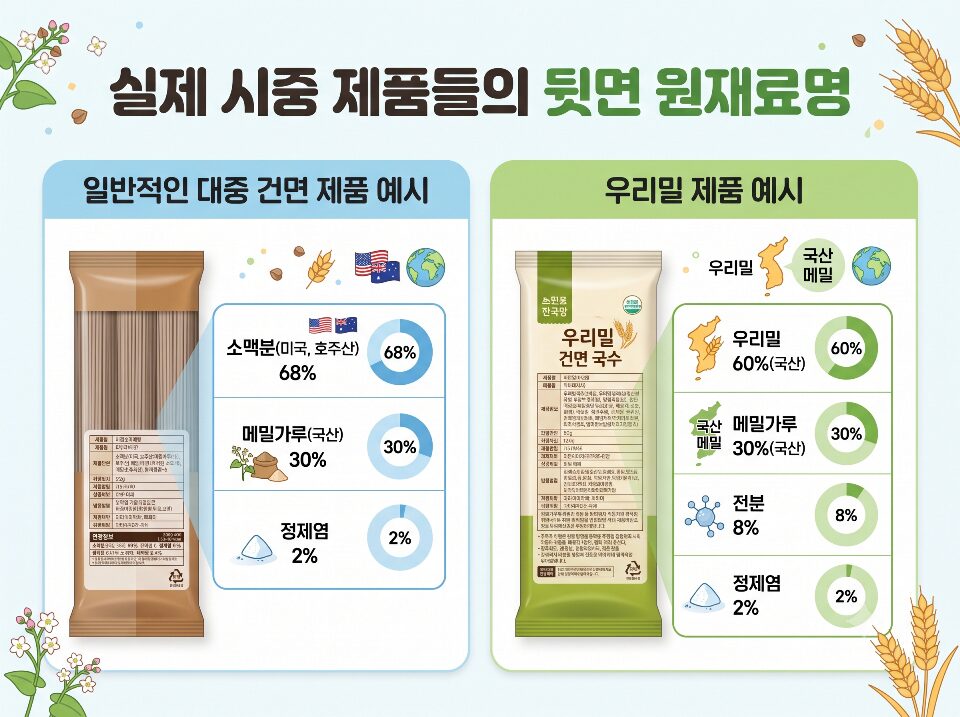 신장병 환자가 안전한 메밀면을 고르기 위해 확인해야 할 시중 제품의 원재료명 및 함량 표시. 소맥분이 맨 앞에 적혀 있고 메밀 함량이 30%인 것을 확인하는 방법을 설명하는 이미지