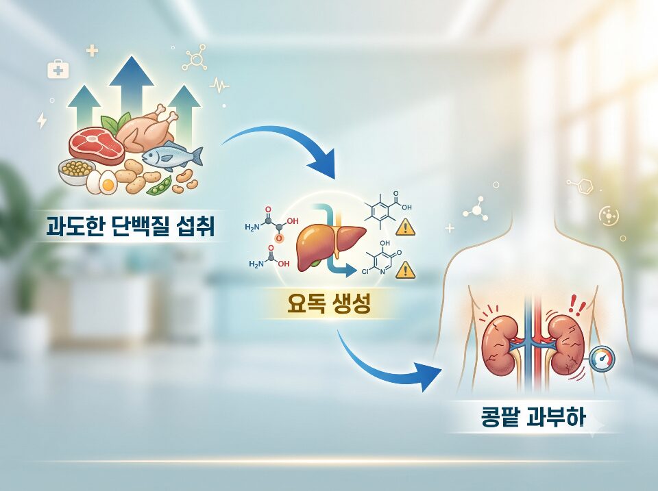 만성콩팥병 환자의 요독 생성 과정을 설명하는 밝고 고급스러운 병원 배경의 의학 인포그래픽.