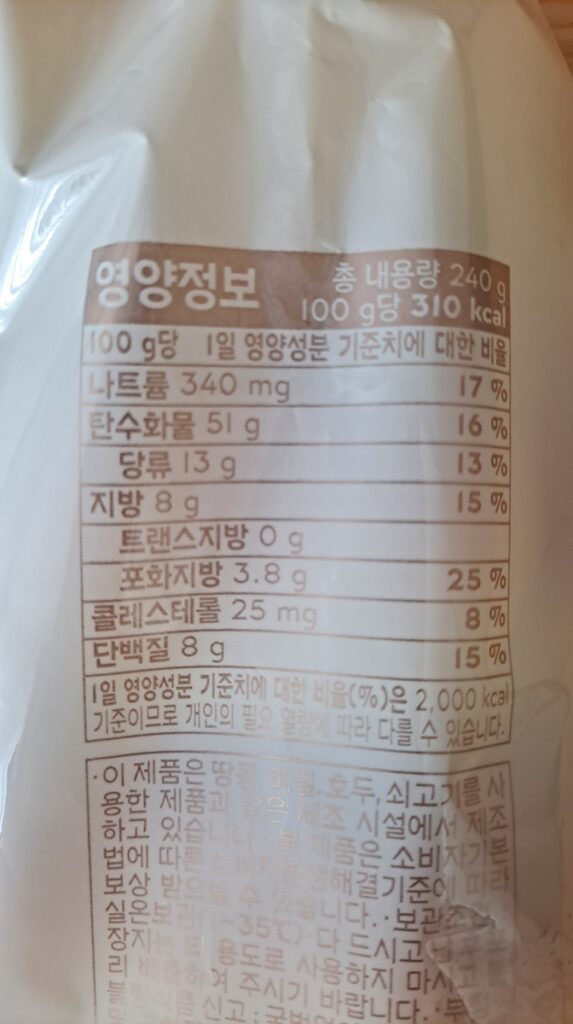 모닝빵 나트륨 계산에 사용한 파리바게트 굿모닝롤 영양성분표