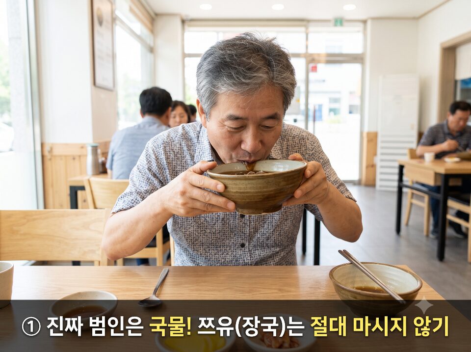신장병 환자가 피해야 할 행동을 묘사한 이미지로, 메밀국수의 쯔유 국물을 그릇째 마시는 모습 위에 붉은색 금지 표시가 그려진 일러스트