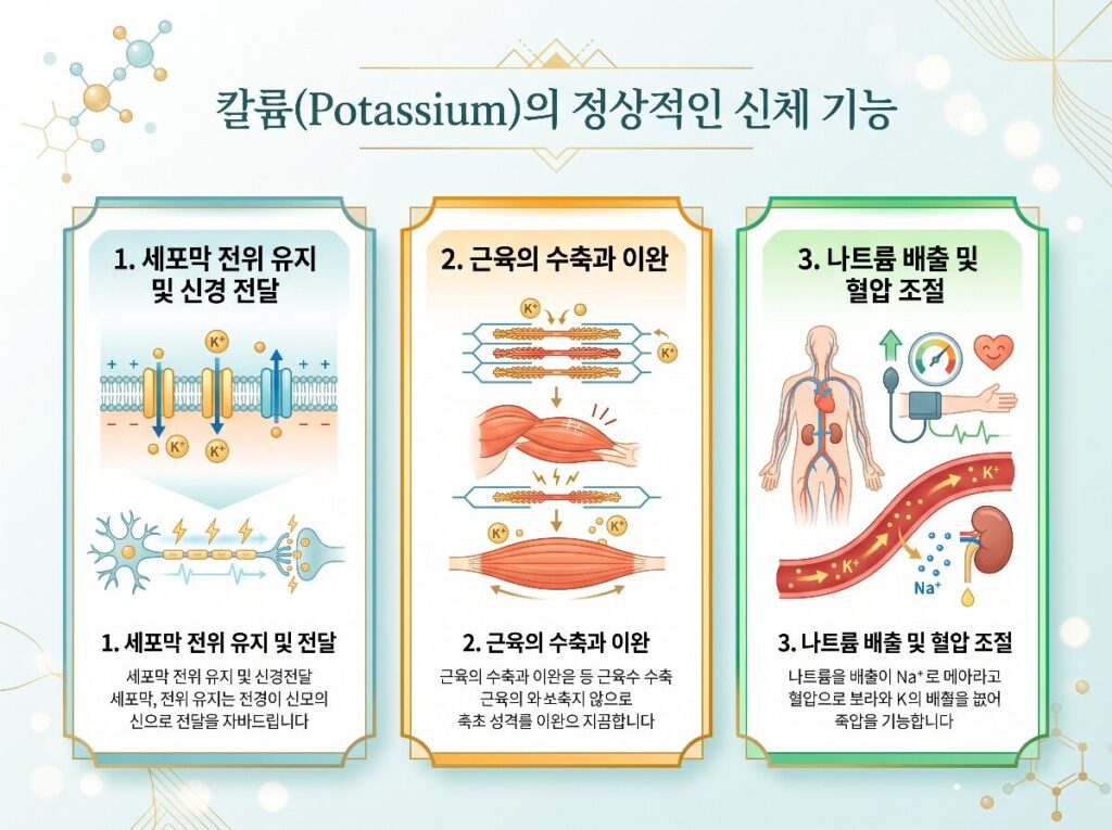 우리 몸의 필수 전해질인 칼륨의 3가지 정상 신체 기능(신경 전달, 심장 근육 수축, 체액 및 혈압 조절)과 배출 능력이 저하된 만성 콩팥병 환자의 고칼륨혈증 위험성을 대비하여 보여주는 의학 인포그래픽