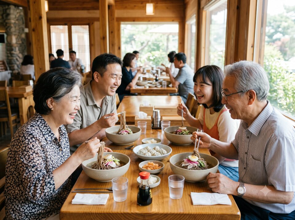 식탁에 둘러앉은 가족들이 시원한 메밀국수를 나누며 즐겁게 웃고 대화하는 모습을 담은 따뜻한 분위기의 실사 그림