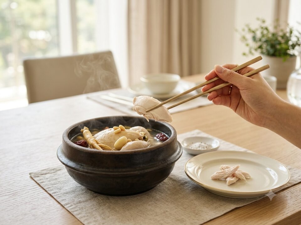 밝고 고급스러운 식탁 위, 뚝배기 삼계탕 국물은 그대로 두고 놋젓가락을 이용해 껍질을 벗긴 담백한 닭가슴살 살코기만 건져내어 별도의 정갈한 세라믹 앞접시에 옮겨 담는 모습을 포착한 실사 타입 이미지. 이미지 내에 어떠한 텍스트나 문구도 없는 깔끔한 형태이다.