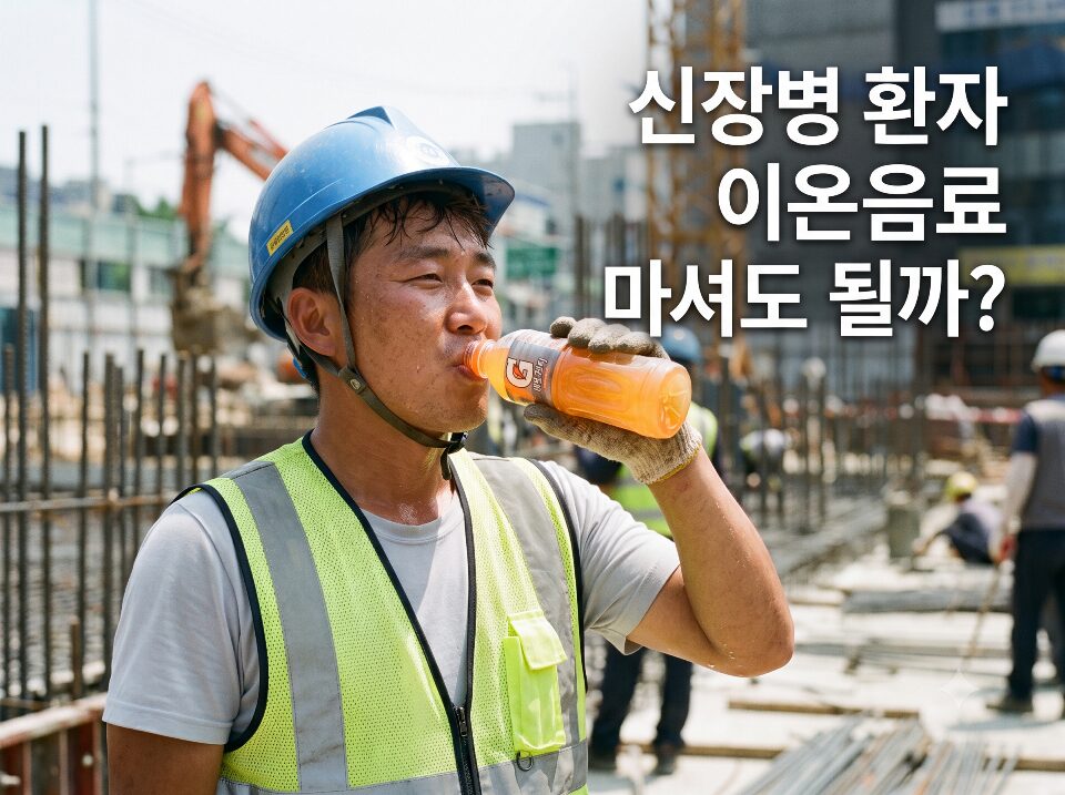 야외 현장에서 땀을 흘리며 게토레이를 마시는 작업자의 모습을 통해 신장병 이온음료 섭취 주의사항을 설명하는 블로그 대표 썸네일 이미지