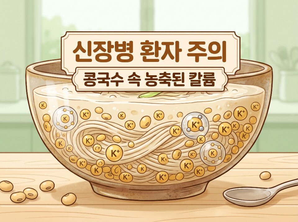 신장병 콩국수 섭취 시 주의해야 할 칼륨 성분이 그릇 내부에 가득 차 있는 모습을 시각화한 교육용 일러스트