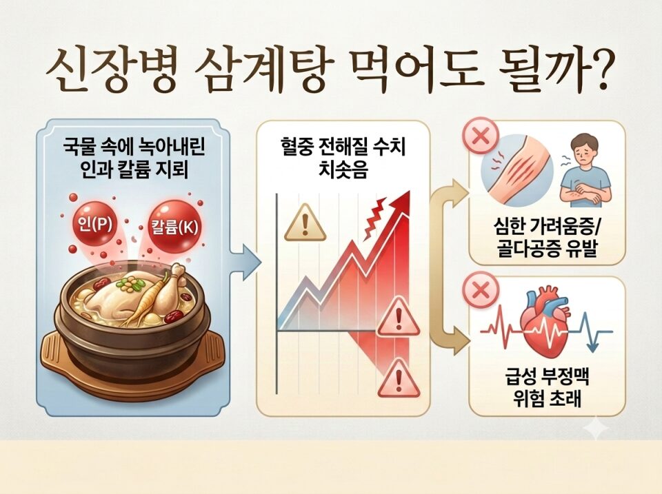 삼계탕 국물이 만성콩팥병 환자에게 미치는 위험성을 설명하는 4:3 비율의 인포그래픽. 상단에는 '신장병 삼계탕 먹어도 될까?'라는 큰 제목이 있고, 하단의 검은색 요약 바는 제거되어 깔끔하다. 좌측에는 뚝배기 삼계탕 국물에서 인(P)과 칼륨(K) 전해질이 우러나오는 일러스트가 있으며, 중앙에는 '혈중 전해질 수치 치솟음' 제목 아래로 아래쪽까지 크기가 확장된 빨간색 꺾은선 상승 그래프가 배치되어 있다. 우측에는 이로 인해 유발되는 심한 가려움증/골다공증 및 급성 부정맥 위험이 두 개의 깔끔한 박스 안에 일러스트와 함께 표현되어 있다.