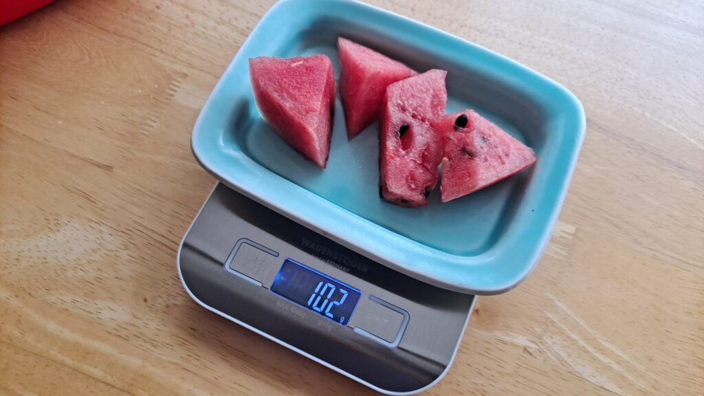 신장병 수박 100g 실제 무게 측정 모습, 적절한 섭취량을 확인하기 위한 전자저울 사진
