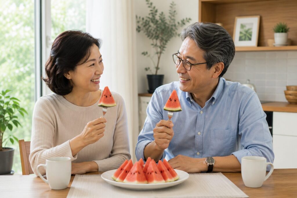 중년 부부가 적당한 양의 수박을 함께 먹는 모습, 신장병 수박 섭취 방법 설명 이미지
